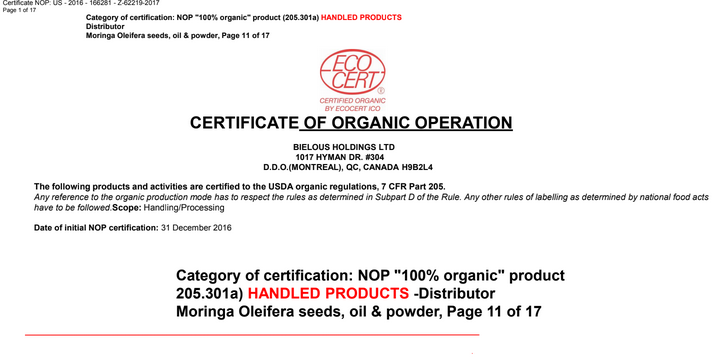 certificate of organic operation